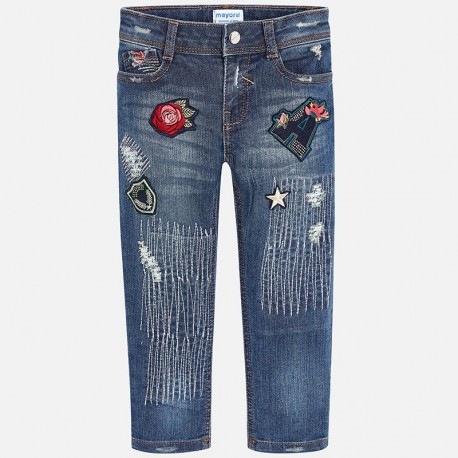 Mayoral spodnie 4556-70 jeansowe slim fit z naszywkami dla dziewczynki